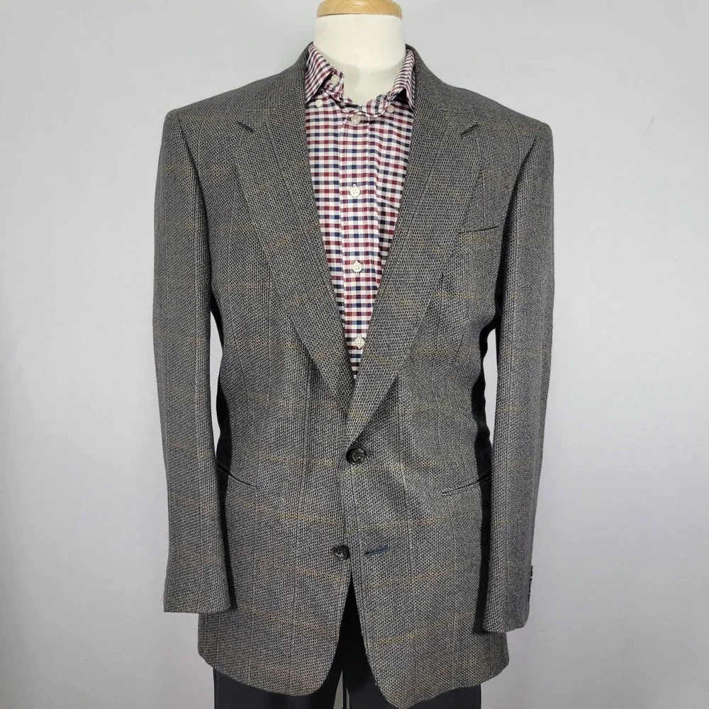 VTG Henry Grethel Men's Sport Coat Blazer Two Button Gray Blue Plaid Size‎ 42L